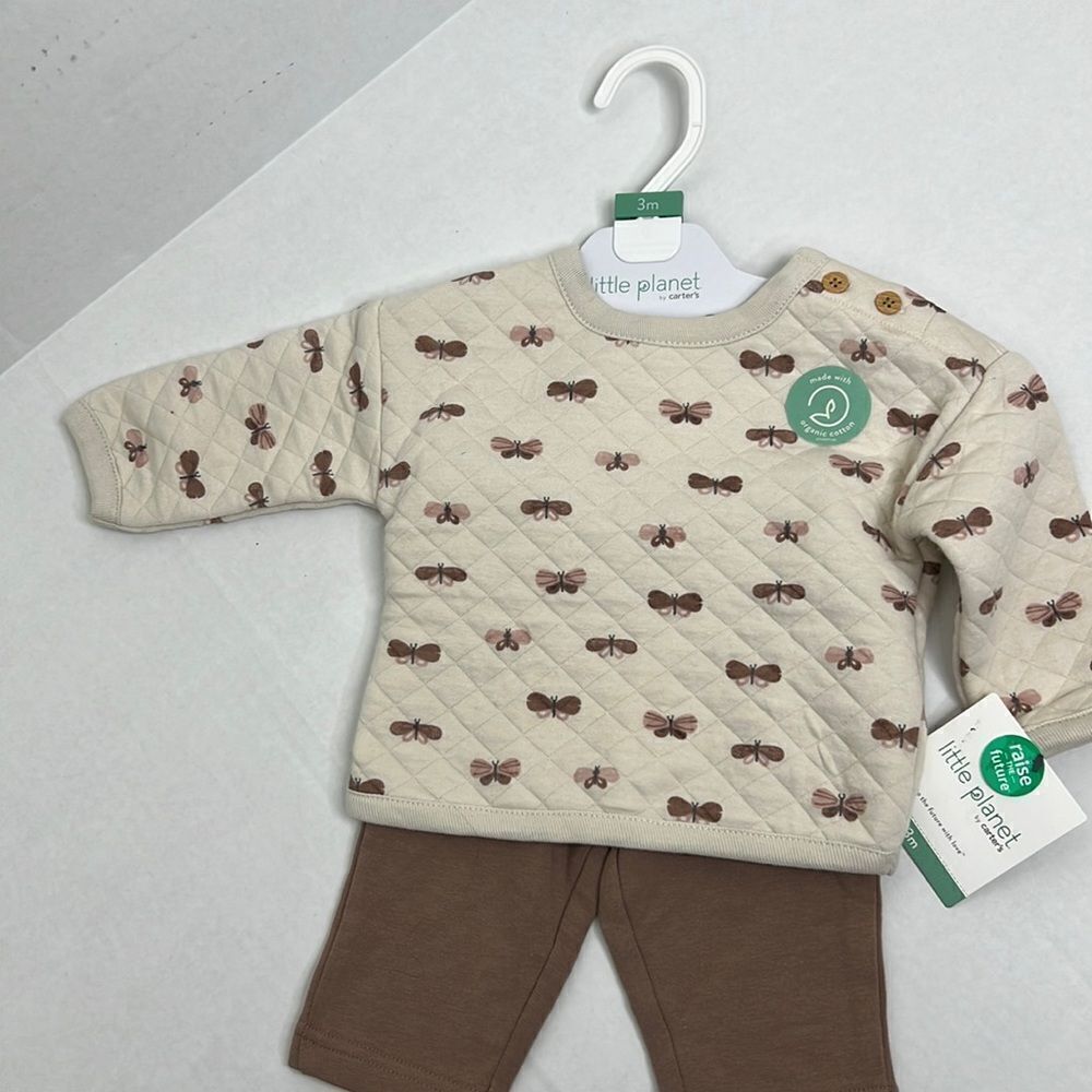 Little Planet by Carter’s 2 piece girl’s quilted butterfly cotton taupe set NWT